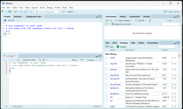 Screenshot of RStudio with code saved in the source and executed in the console